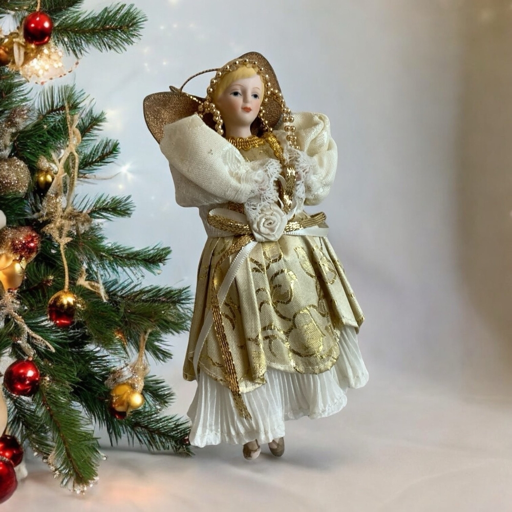 Rare Vintage Dancing Angel Ornament Gold Victorian Porcelain Angel Xmas Ornament
